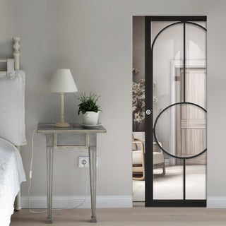 Image: Bowery Black Single Absolute Evokit Pocket Door - Clear Glass - Prefinished