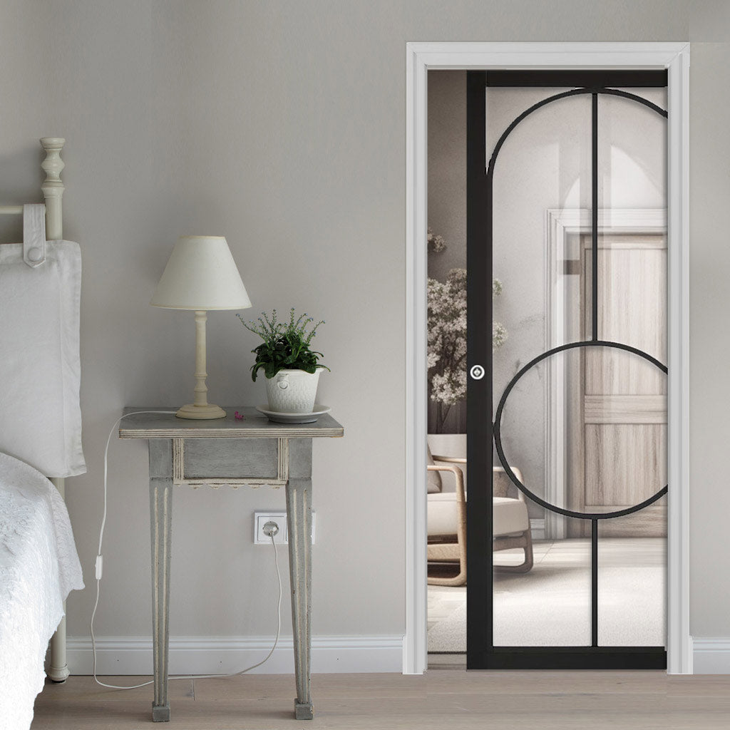 Bowery Black Single Evokit Pocket Door - Clear Glass - Prefinished