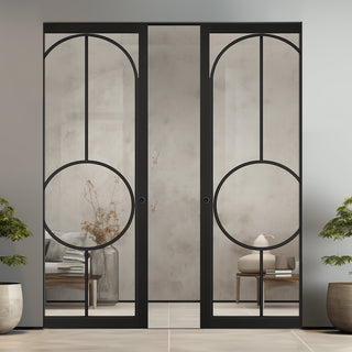 Image: Bowery Black Absolute Evokit Double Pocket Doors - Clear Glass - Prefinished