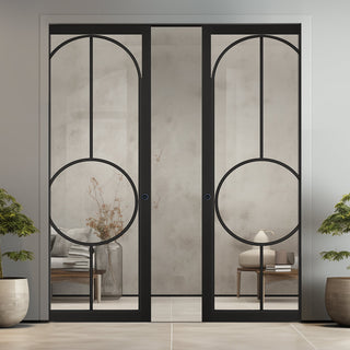 Image: Bowery Black Double Evokit Pocket Doors - Clear Glass - Prefinished