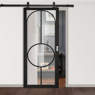 Image: Top Mounted Black Sliding Track & Door - Bowery Black Internal Door - Clear Glass - Prefinished