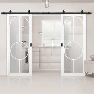 Image: Top Mounted Black Sliding Track & Double Door - Bowery White Primed Internal Door - Clear Glass