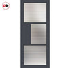 Top Mounted Black Sliding Track & Solid Wood Double Doors - Eco-Urban Breda 3 Pane 1 Panel Doors DD6439R Clear Reeded Glass - Stormy Grey Premium Primed