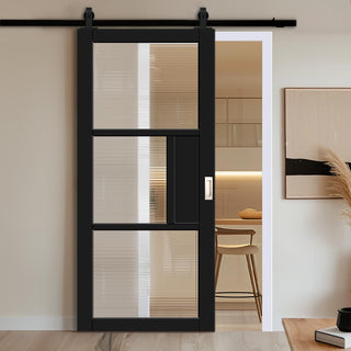 Image: Top Mounted Black Sliding Track & Solid Wood Door - Handcrafted Eco-Urban Breda 3 Pane 1 Panel Solid Wood Door DD6439R Clear Reeded Glass - Shadow Black Premium Primed