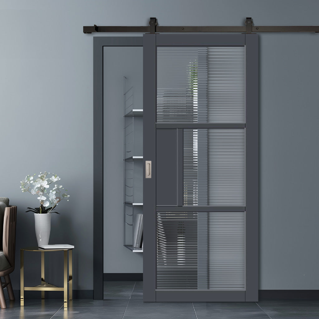 Top Mounted Black Sliding Track & Solid Wood Door - Handcrafted Eco-Urban Breda 3 Pane 1 Panel Solid Wood Door DD6439R Clear Reeded Glass - Stormy Grey Premium Primed