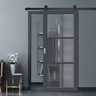 Image: Top Mounted Black Sliding Track & Solid Wood Door - Handcrafted Eco-Urban Breda 3 Pane 1 Panel Solid Wood Door DD6439R Clear Reeded Glass - Stormy Grey Premium Primed