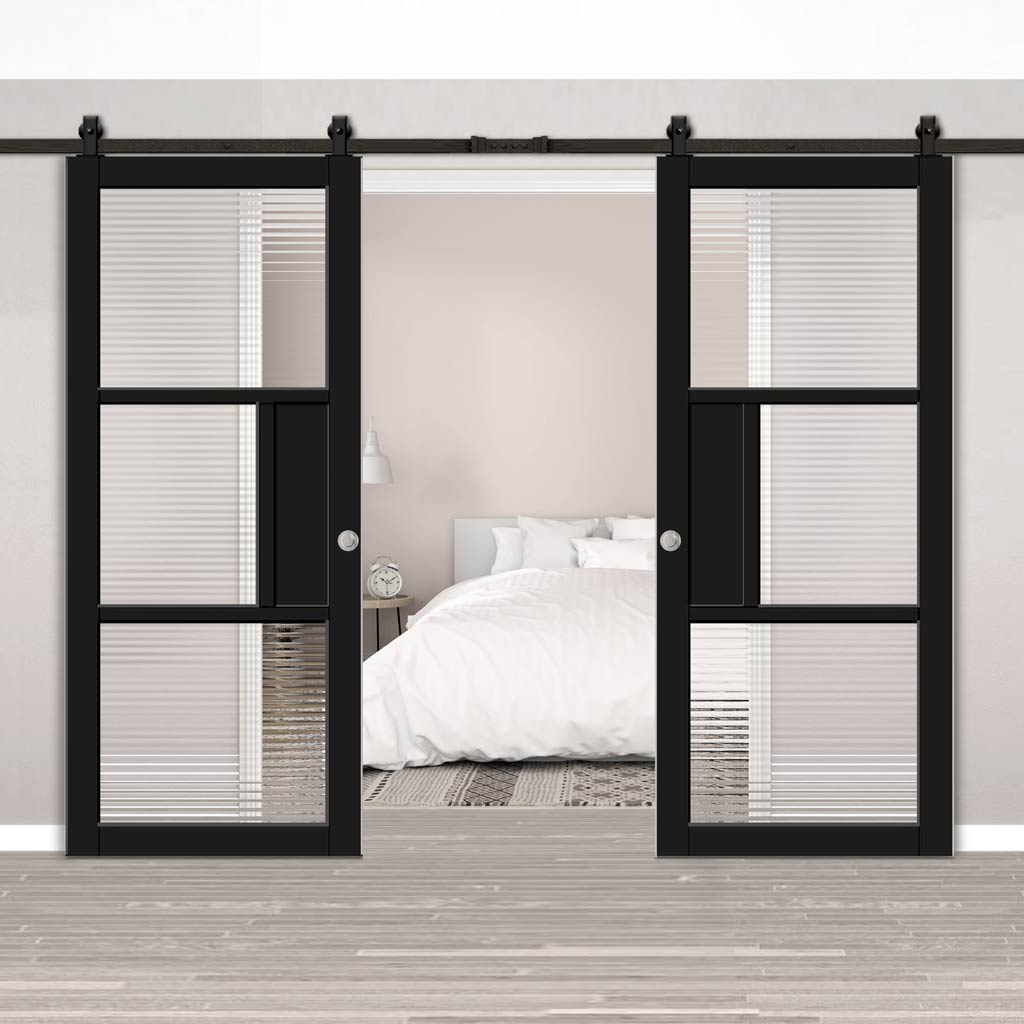 Top Mounted Black Sliding Track & Solid Wood Double Doors - Eco-Urban Breda 3 Pane 1 Panel Doors DD6439R Clear Reeded Glass - Shadow Black Premium Primed