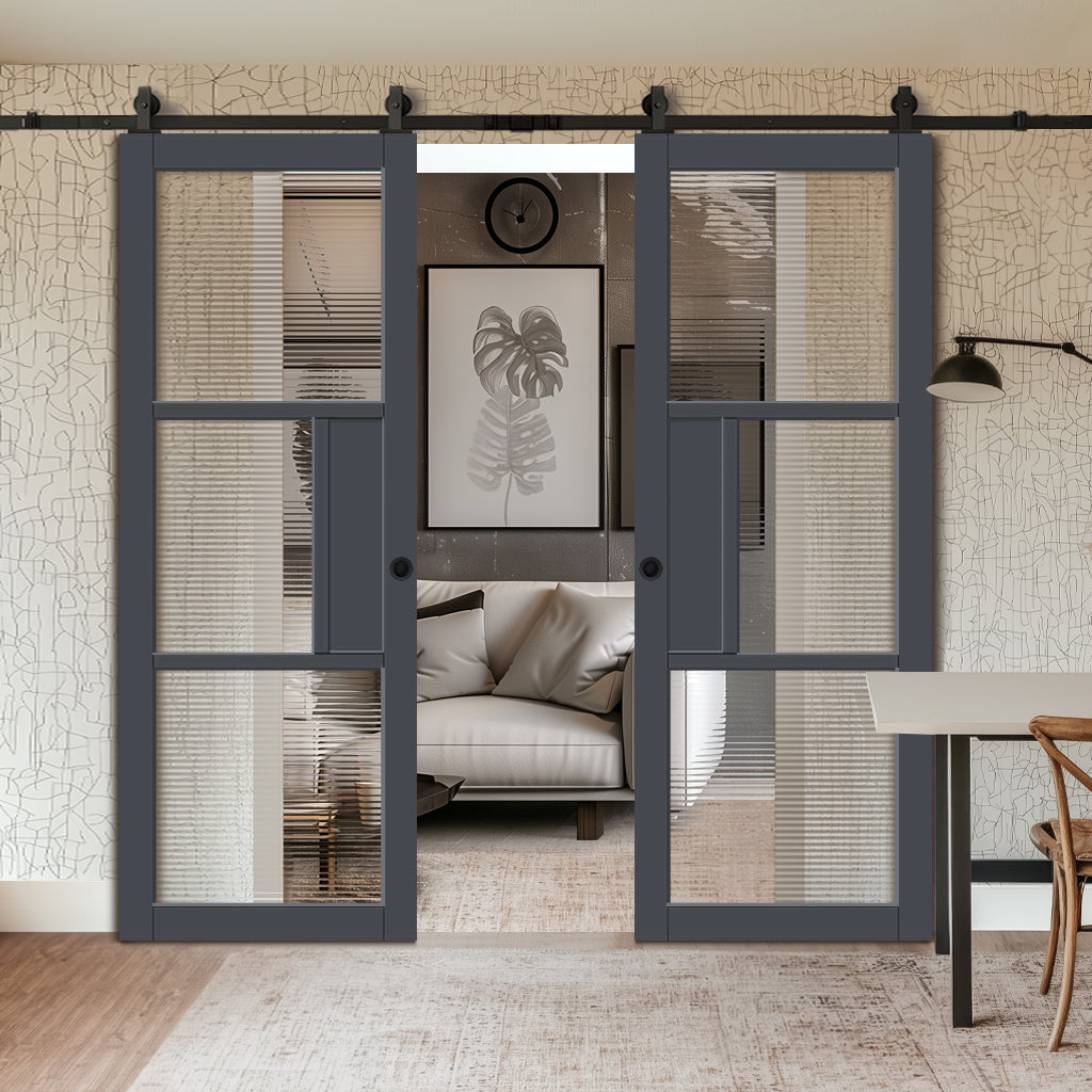 Top Mounted Black Sliding Track & Solid Wood Double Doors - Eco-Urban Breda 3 Pane 1 Panel Doors DD6439R Clear Reeded Glass - Stormy Grey Premium Primed