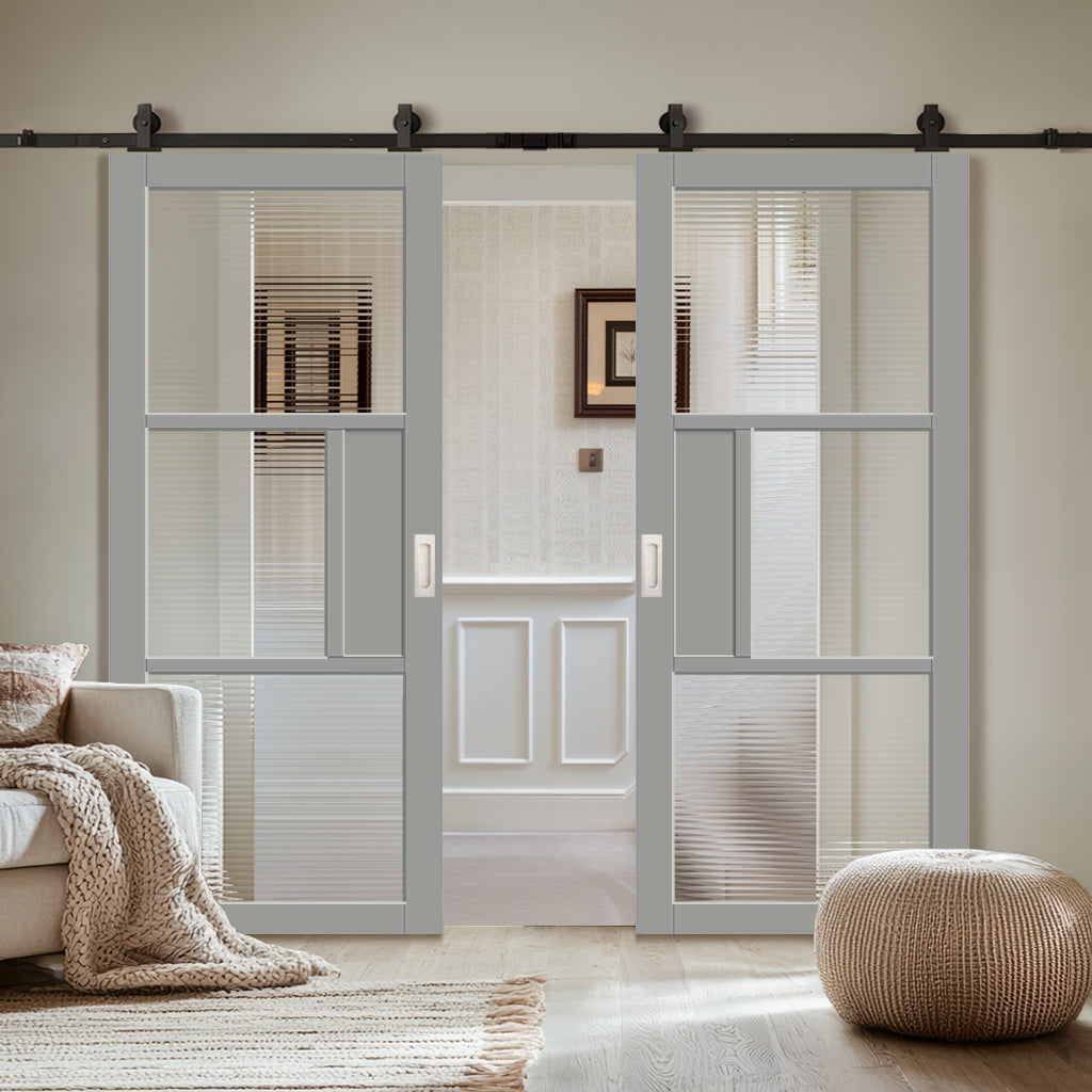 Top Mounted Black Sliding Track & Solid Wood Double Doors - Eco-Urban Breda 3 Pane 1 Panel Doors DD6439R Clear Reeded Glass - Mist Grey Premium Primed