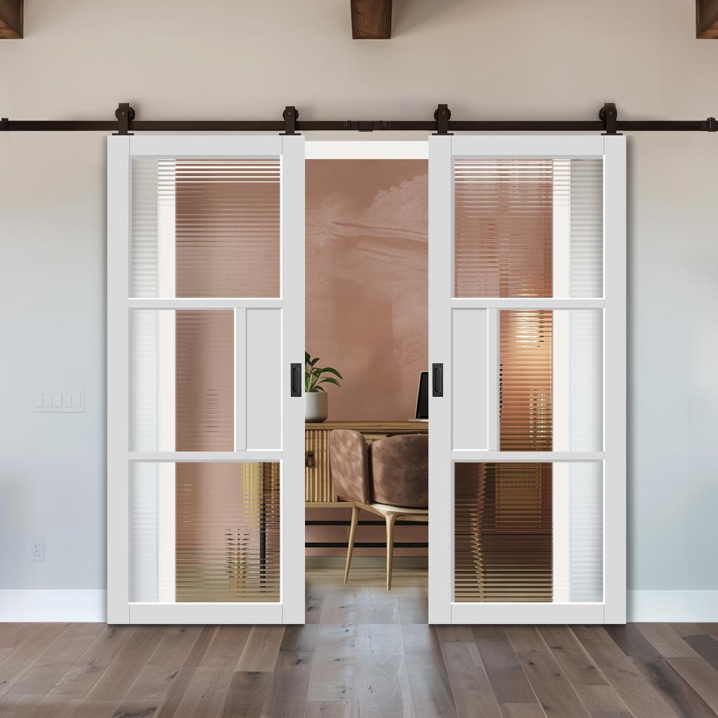 Top Mounted Black Sliding Track & Solid Wood Double Doors - Eco-Urban Breda 3 Pane 1 Panel Doors DD6439R Clear Reeded Glass - Cloud White Premium Primed