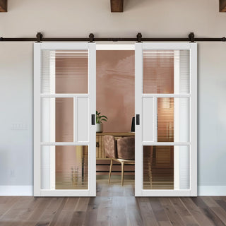 Image: Top Mounted Black Sliding Track & Solid Wood Double Doors - Eco-Urban Breda 3 Pane 1 Panel Doors DD6439R Clear Reeded Glass - Cloud White Premium Primed