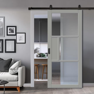 Image: Top Mounted Black Sliding Track & Solid Wood Door - Handcrafted Eco-Urban Breda 3 Pane 1 Panel Solid Wood Door DD6439R Clear Reeded Glass - Mist Grey Premium Primed