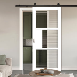 Image: Top Mounted Black Sliding Track & Solid Wood Door - Handcrafted Eco-Urban Breda 3 Pane 1 Panel Solid Wood Door DD6439R Clear Reeded Glass - Cloud White Premium Primed