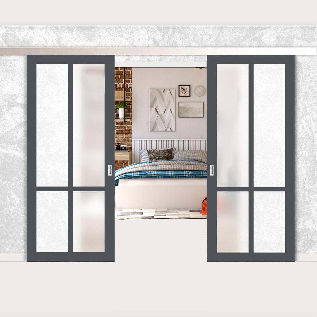 Double Sliding Door & Premium Wall Track - Eco-Urban® Bronx 4 Pane Doors DD6315SG - Frosted Glass - 6 Colour Options