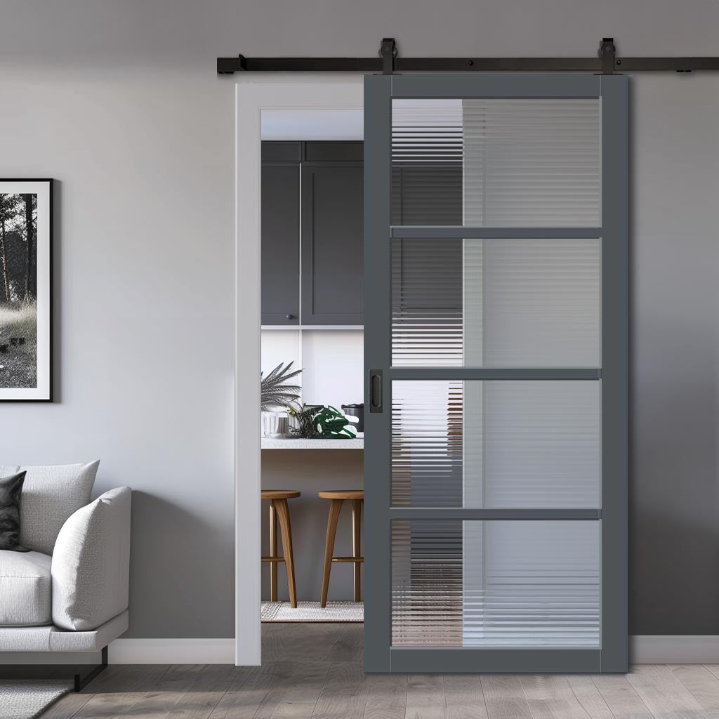 Top Mounted Black Sliding Track & Solid Wood Door - Handcrafted Eco-Urban Brooklyn 4 Pane Solid Wood Door DD6308 - Clear Reeded Glass - Stormy Grey Premium Primed