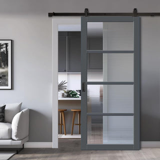 Image: Top Mounted Black Sliding Track & Solid Wood Door - Handcrafted Eco-Urban Brooklyn 4 Pane Solid Wood Door DD6308 - Clear Reeded Glass - Stormy Grey Premium Primed