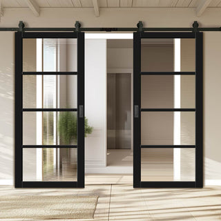 Image: Top Mounted Black Sliding Track & Solid Wood Double Doors - Eco-Urban Brooklyn 4 Pane Doors DD6308 - Clear Reeded Glass - Shadow Black Premium Primed