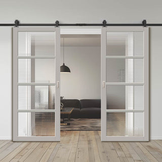 Image: Top Mounted Black Sliding Track & Solid Wood Double Doors - Eco-Urban Brooklyn 4 Pane Doors DD6308 - Clear Reeded Glass - Mist Grey Premium Primed