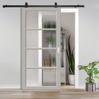 Image: Top Mounted Black Sliding Track & Solid Wood Door - Handcrafted Eco-Urban Brooklyn 4 Pane Solid Wood Door DD6308 - Clear Reeded Glass - Mist Grey Premium Primed