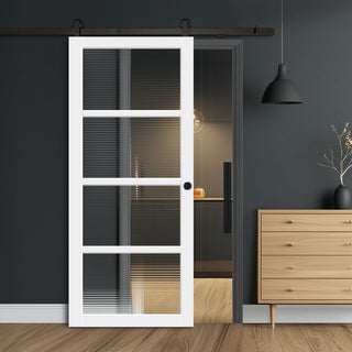 Image: Top Mounted Black Sliding Track & Solid Wood Door - Handcrafted Eco-Urban Brooklyn 4 Pane Solid Wood Door DD6308 - Clear Reeded Glass - Cloud White Premium Primed