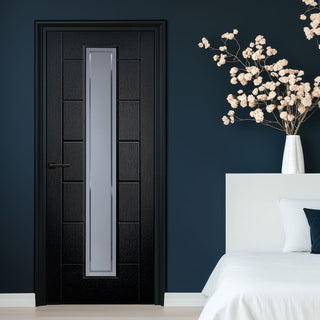 Image: Cairngorm Black Lightly Grained Internal PVC Door - Clear Lines Style Sandblasted Glass