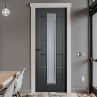 Image: Cairngorm Slate Grey Lightly Grained Internal PVC Door - Clear Lines Style Sandblasted Glass