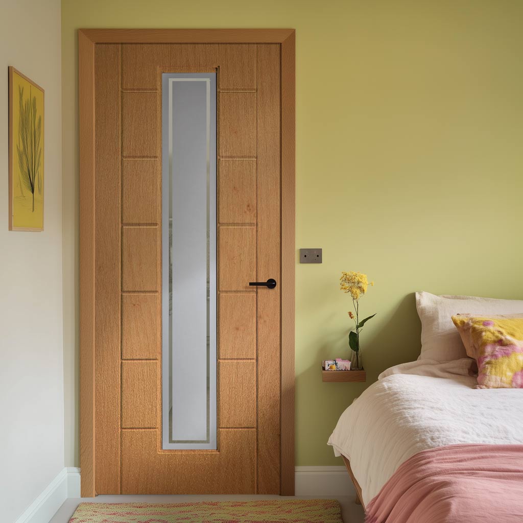 Cairngorm Irish Oak Lightly Grained Internal PVC Door - Clear Lines Style Sandblasted Glass