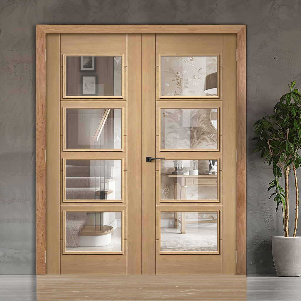 Carini 4L Oak Internal Internal Door Pair - Clear Glass - Prefinished