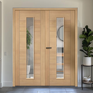 Image: Carini Oak Internal Internal Door Pair - Long Clear Glass - Prefinished