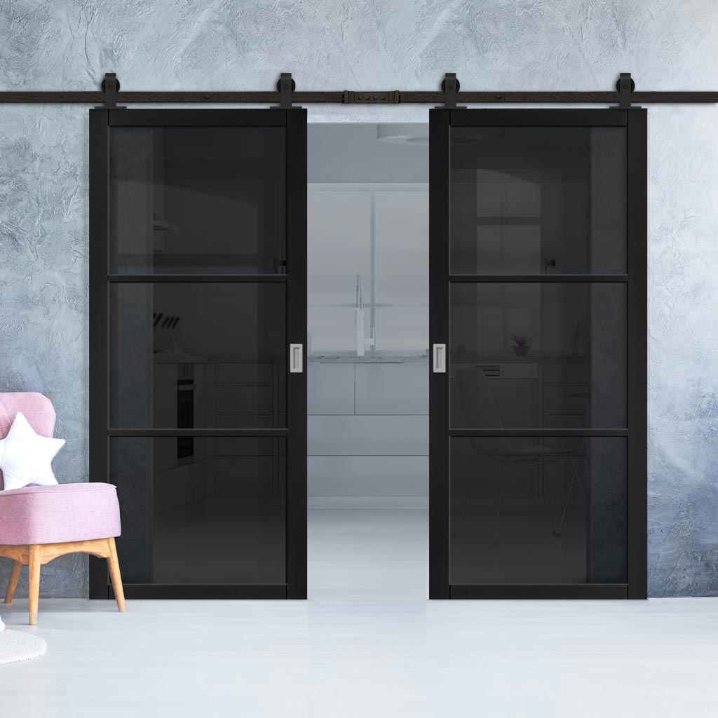 Top Mounted Sliding Track & Camden Black Double Door - Prefinished - Tinted Glass - Urban Collection