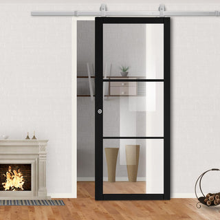 Image: Top Mounted Stainless Steel Sliding Track & Camden Black Door - Prefinished - Clear Glass - Urban Collection