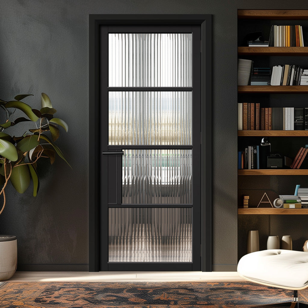 EasiKit Internal Door and Frame Kit - Chelsea 4 Pane Black Primed Internal Door - Clear Reeded Glass