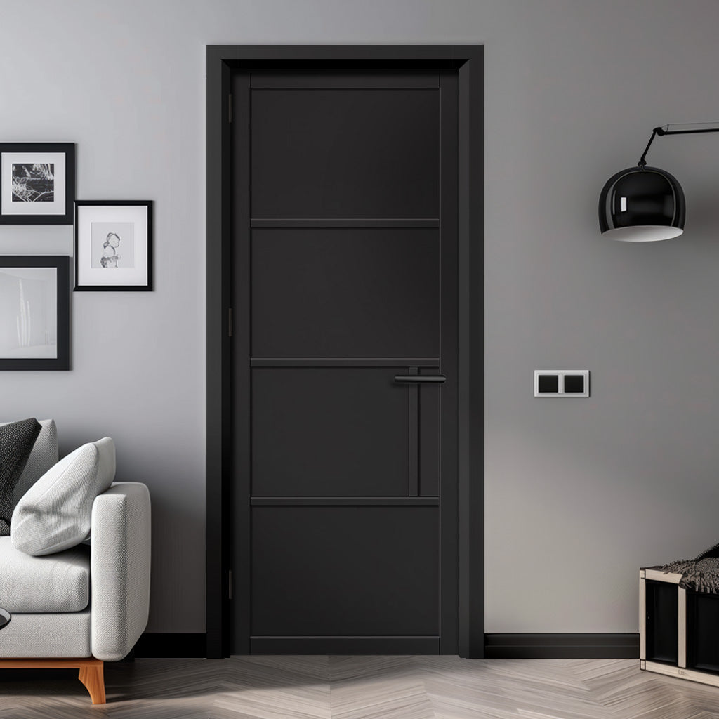 EasiKit Internal Door and Frame Kit - Chelsea 4 Panel Black Painted Internal Door - Prefinished