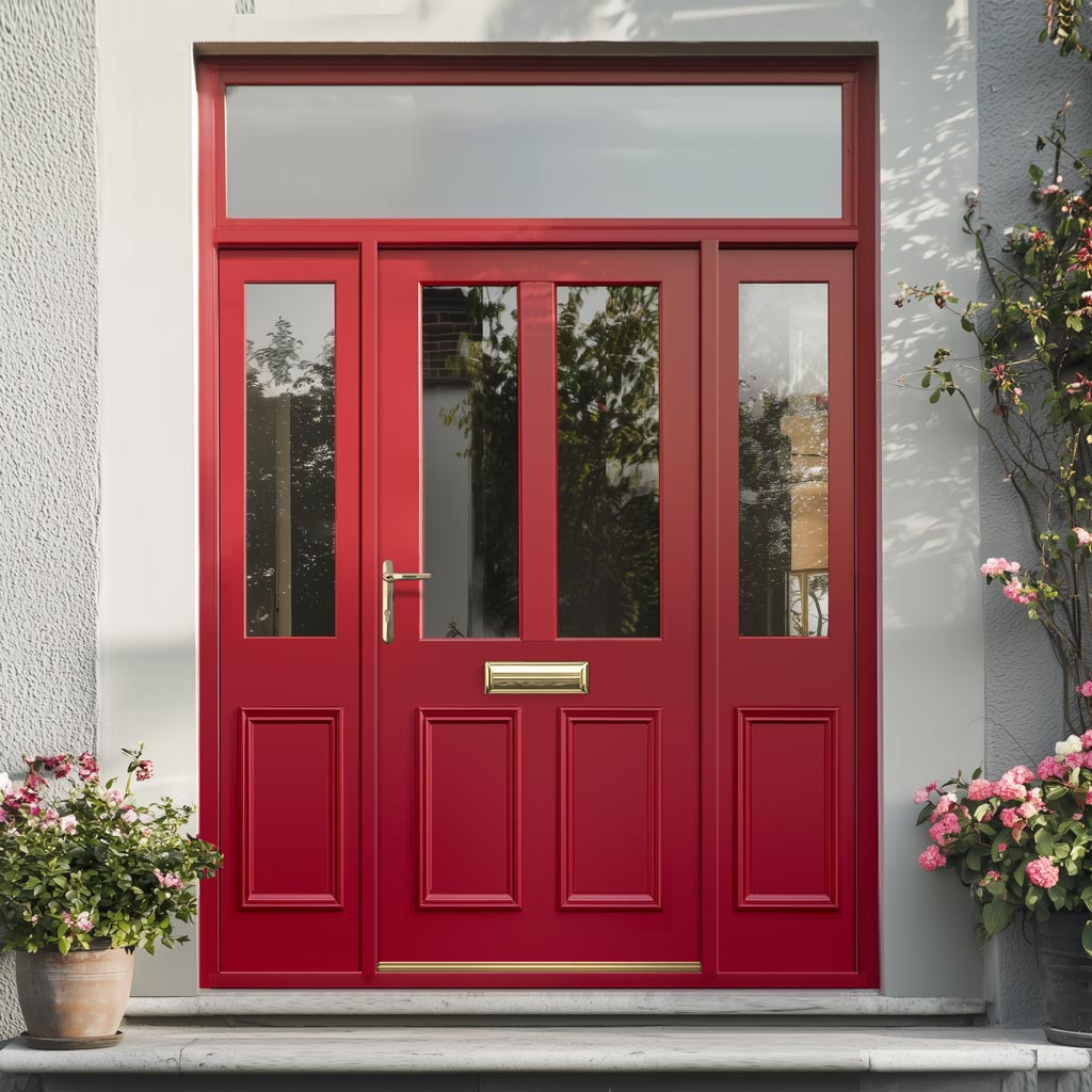 Exterior Colonial 2L 2P Front Door with Two Sidelights & Transom - Customisable: Size, Colour, Glass and Sidelight Options