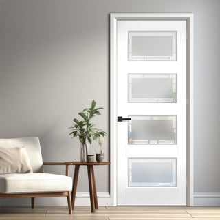 Image: EasiKit Internal Door and Frame Kit - Contemporary 4 Pane Internal Door - Sandblasted Clear Lines - White Primed