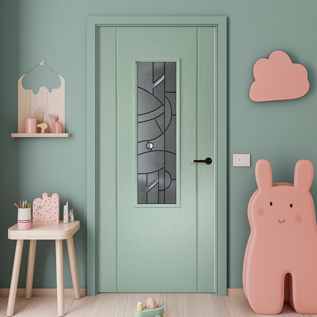 Contemporary Chartwell Green Lightly Grained Internal PVC Door - Forfar Abstract Clear Glass