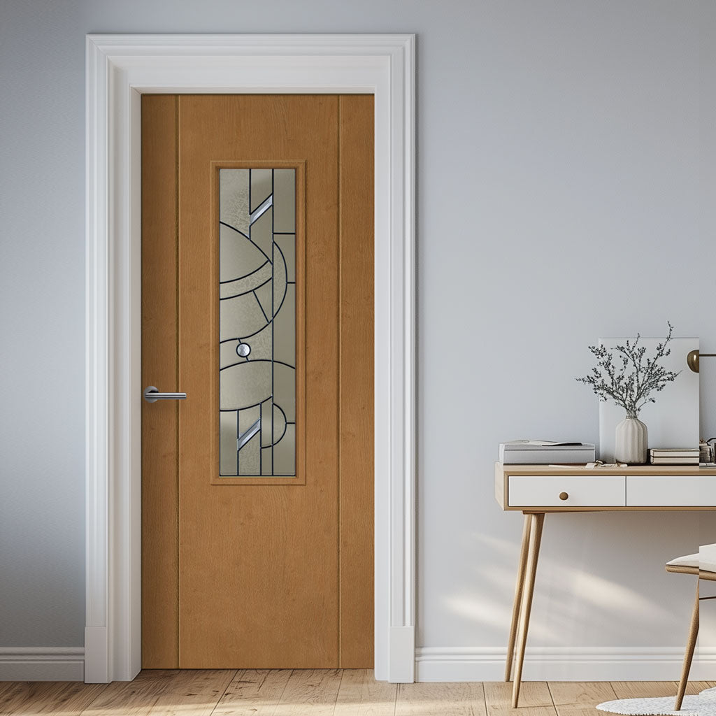 Contemporary Irish Oak Lightly Grained Internal PVC Door - Forfar Abstract Clear Glass