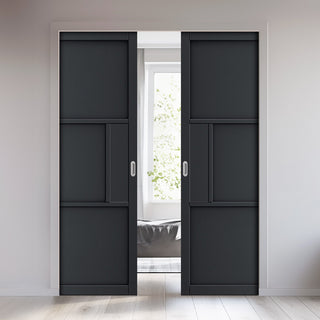 Image: Cosmo Black Industrial Panel Double Evokit Pocket Doors - Laminated - Prefinished