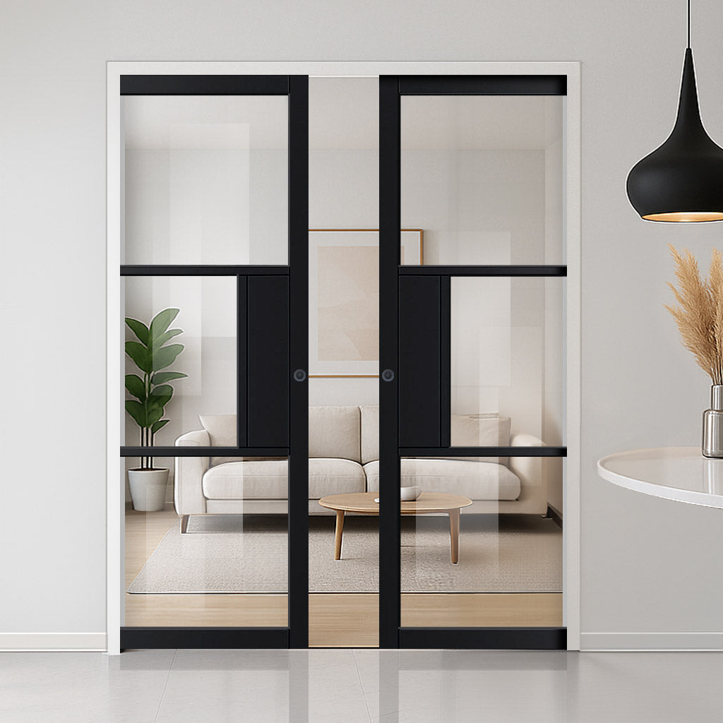 Cosmo Black Industrial Double Evokit Pocket Doors with Clear Glass - Laminated - Prefinished