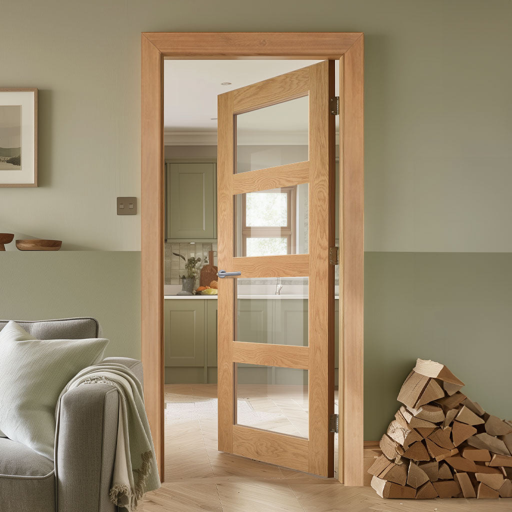 EasiKit Internal Door and Frame Kit - Coventry Shaker Style Oak Internal Door - Clear Glass - Unfinished