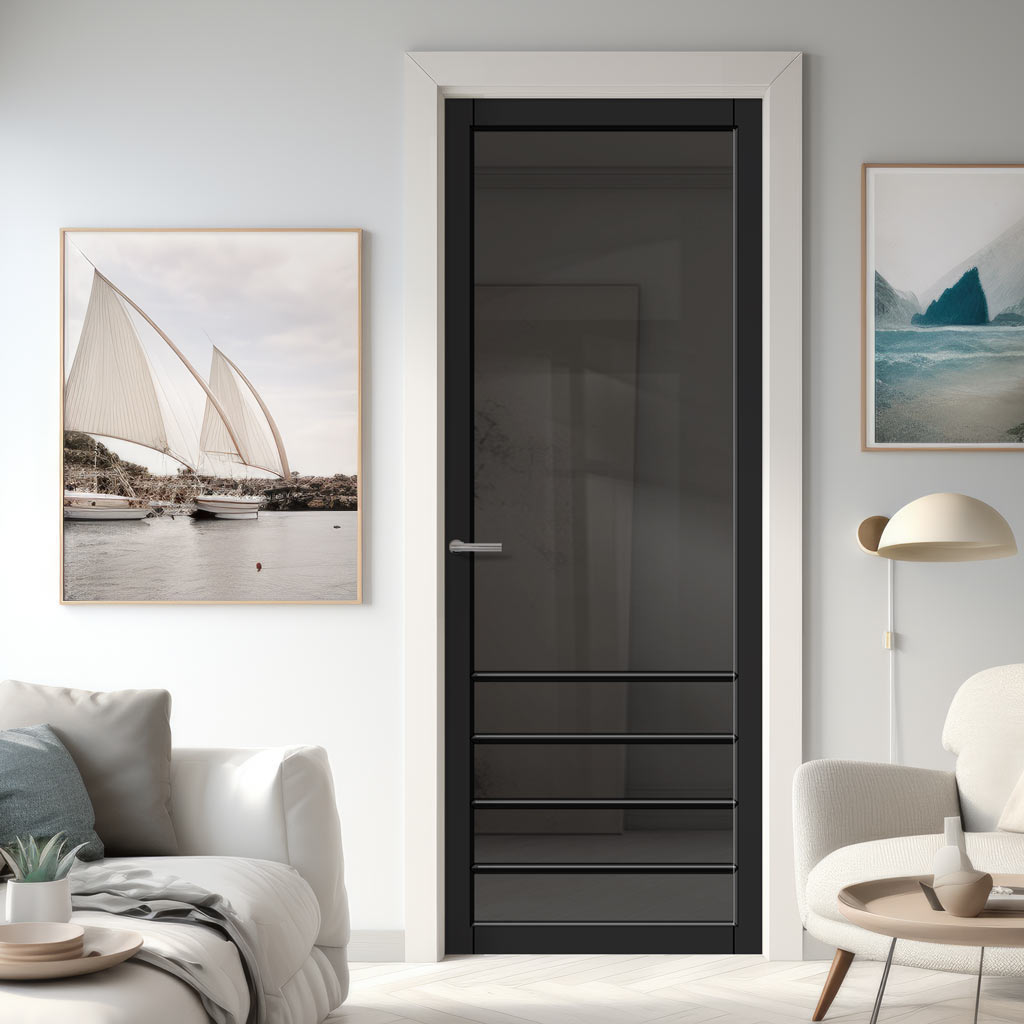 Hirahna Solid Wood Internal Door UK Made  DD0109T Tinted Glass - Shadow Black Premium Primed - Urban Lite® Bespoke Sizes