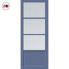 Top Mounted Black Sliding Track & Solid Wood Double Doors - Eco-Urban Staten 3 Pane 1 Panel Doors DD6310 - Clear Reeded Glass - Heather Blue Premium Primed