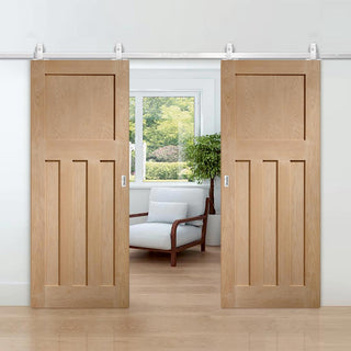 Image: Top Mounted Stainless Steel Sliding Track & Double Door - DX Oak Panel Doors - 1930's Style -Unfinished