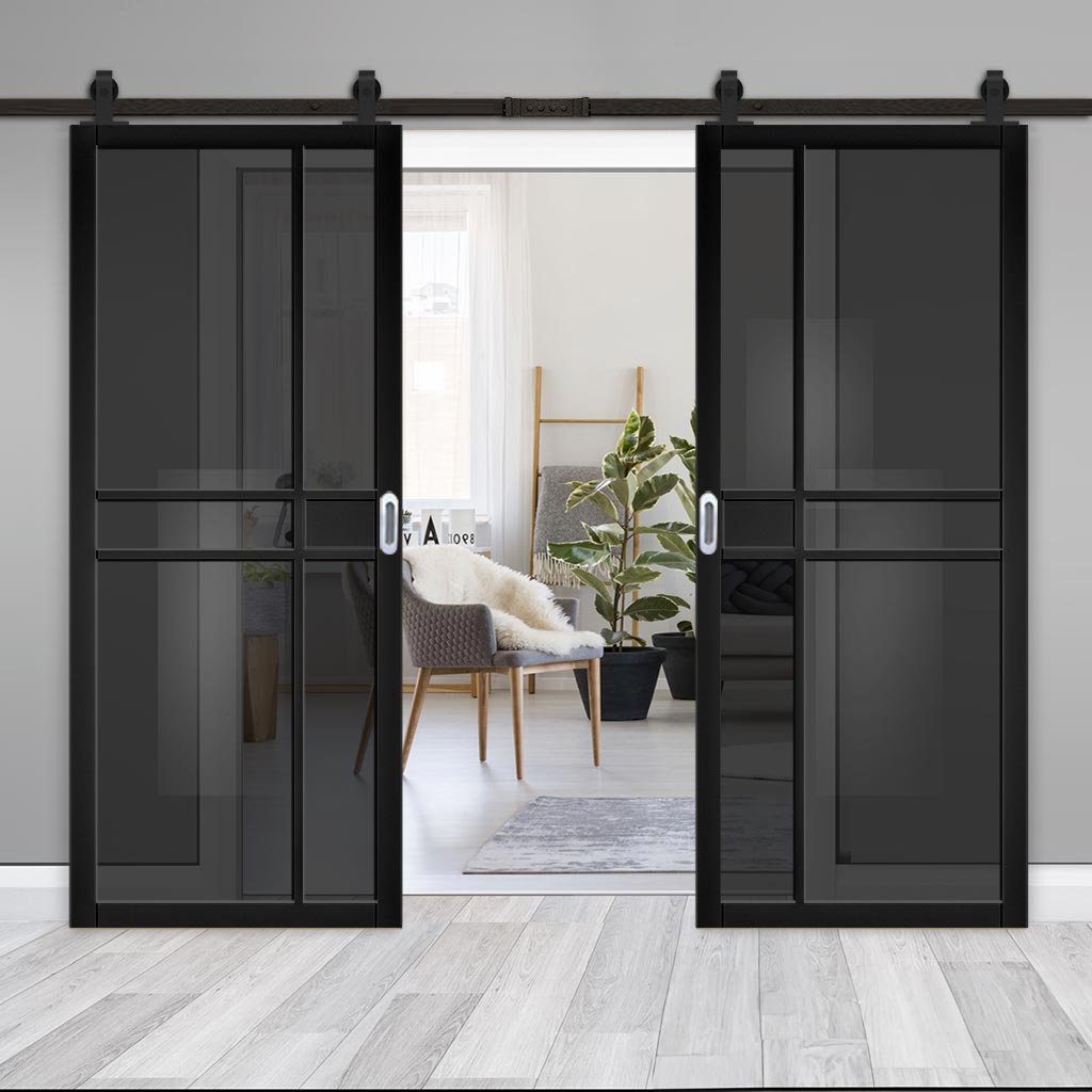 Top Mounted Sliding Track & Dalston Black Double Door - Prefinished - Tinted Glass - Urban Collection