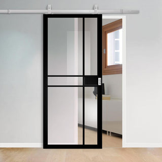 Image: Top Mounted Stainless Steel Sliding Track & Dalston Black Door - Prefinished - Clear Glass - Urban Collection