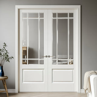 Image: Downham Internal Door Pair - Bevelled Clear Glass - White Primed