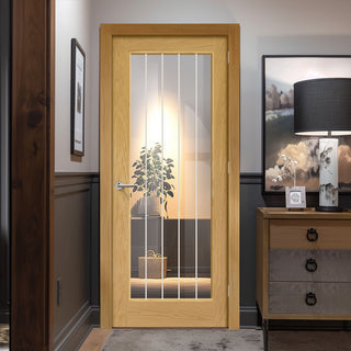 Image: EasiKit Internal Door and Frame Kit - Ely 1L Full Pane Oak Internal Door - Clear Etched Glass - Unfinished