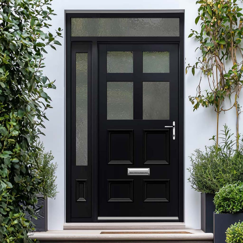 Exterior Victorian Bird 4L 4P Front Door with Single Sidelight and Transom - Customisable: Size, Colour, Glass and Sidelight Options