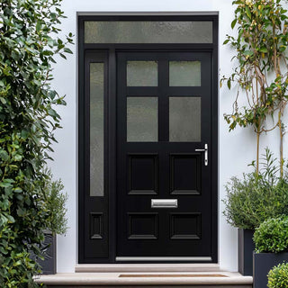 Image: Exterior Victorian Bird 4L 4P Front Door with Single Sidelight and Transom - Customisable: Size, Colour, Glass and Sidelight Options