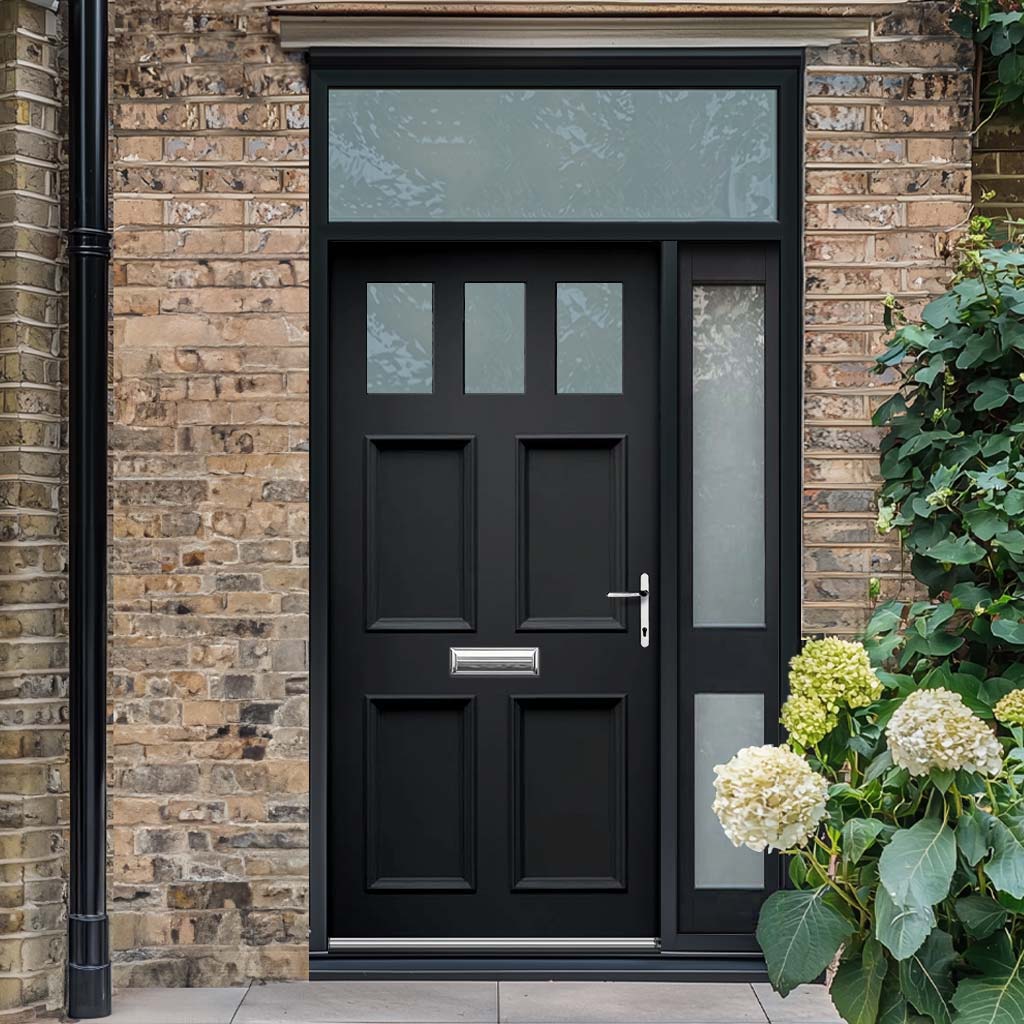 Exterior Victorian Gaskell 3L 4P Front Door with Single Sidelight and Transom - Customisable: Size, Colour, Glass and Sidelight Options